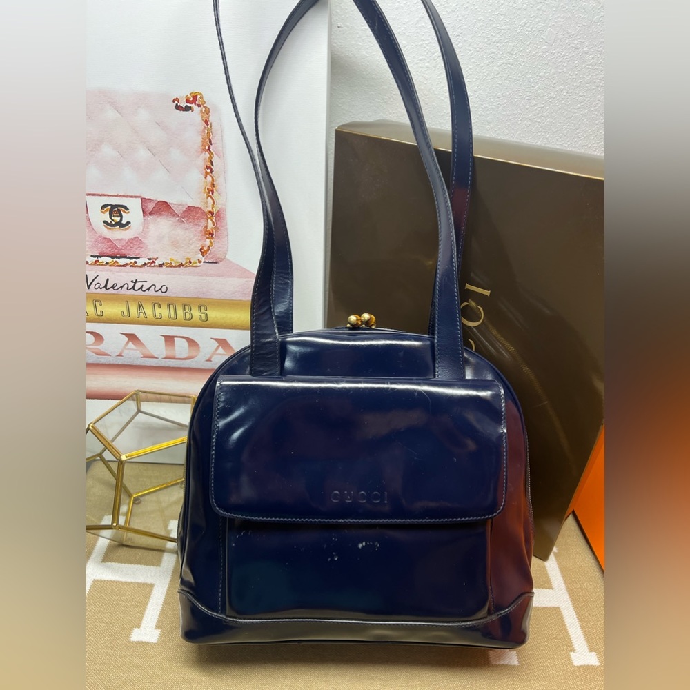 Gucci Bamboo Blue Patent Leather Bag with Long Strap,bamboo zipper pull
